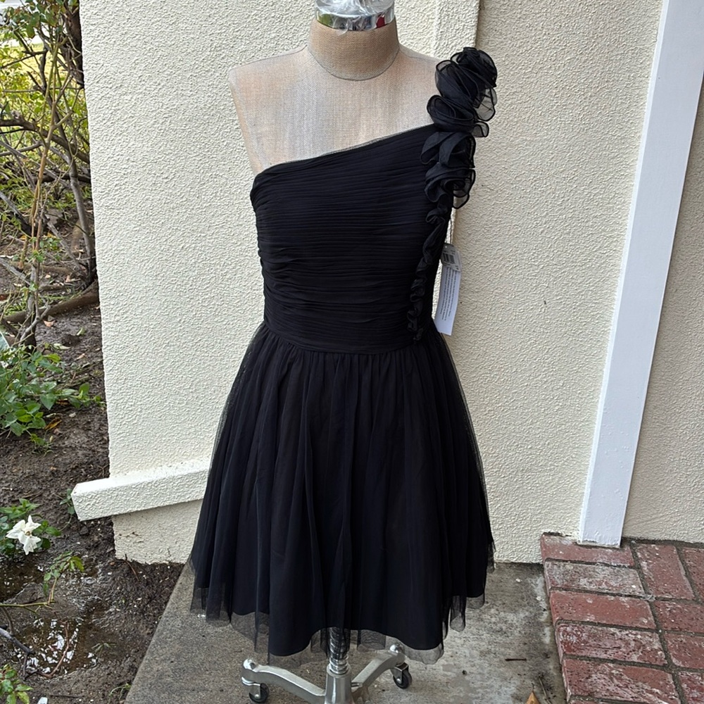NWT Aidan Mattox stunning black one shoulder short dress with lovely mesh - Picture 2 of 16